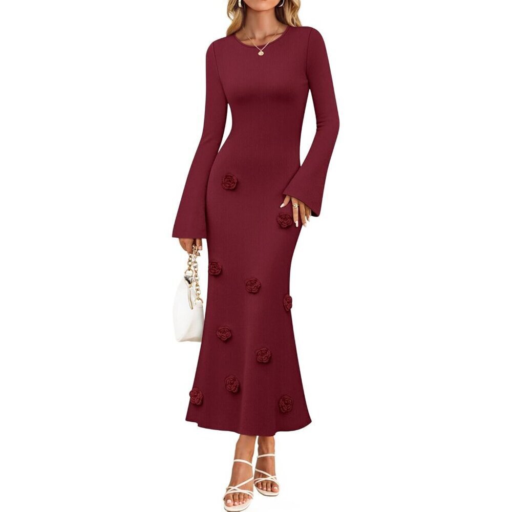 Winter Wedding Guest Sweater Dress Women Long Sleeve Cocktail Midi Elegant